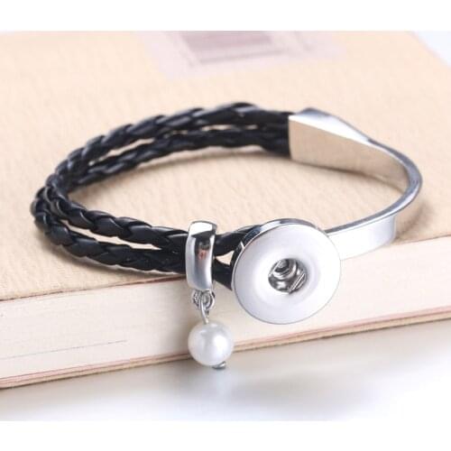 Metal Pearl Snap Leather Bracelet Retro Handmade Braided Leather Snap Button Bracelet Bangles fit 18MM Snap Jewelry 5497