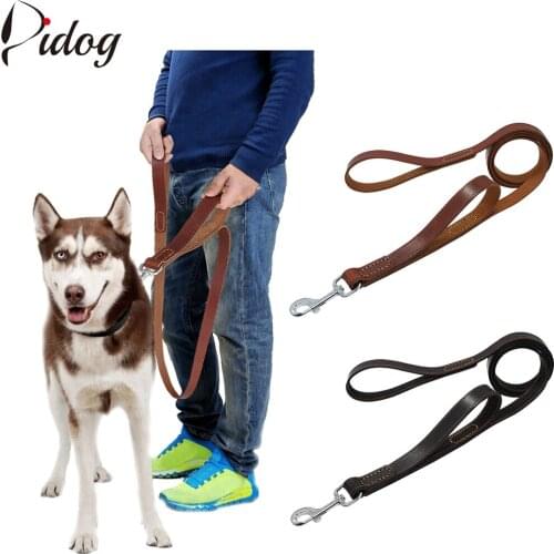 Genuine Leather Dog Leash 2 Handles Dogs Leash With Traffic Handle For Medium Large Dogs Pet Walking Traning Huskies