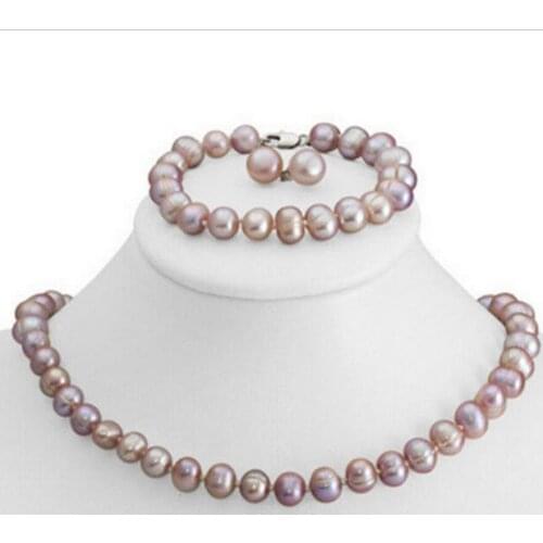 Genuine 8-9mm Purple Freshwater Cultured Pearl Necklace Bracelet Earrings Set