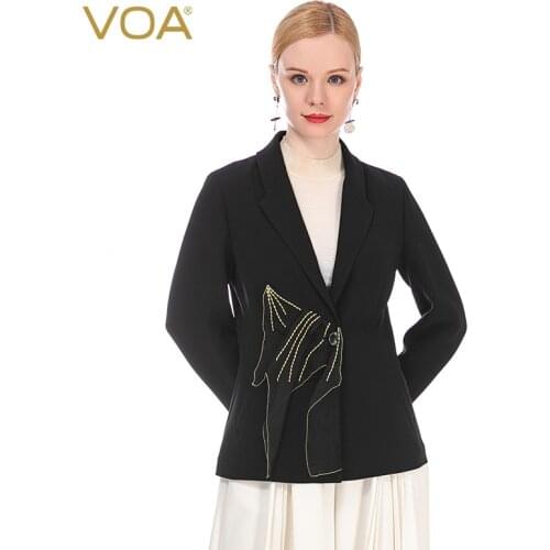 VOA 60m/m Silk Long Hollow Lapel Long Sleeve Mix Material Stitching One Button Arch Stitch Craft Waist Hugging Suit Jacket WE33