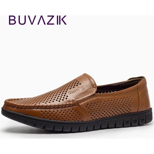 2018 Summer fashion hollow breathable genuine leather casual shoes men soft leather comfortable slip-on loafers
