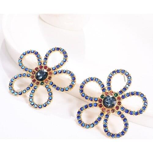 Statement Colorful Rhinestone Beads Hollow Flower Shaped Studs Earrings for Women Girls Fashion Jewelry