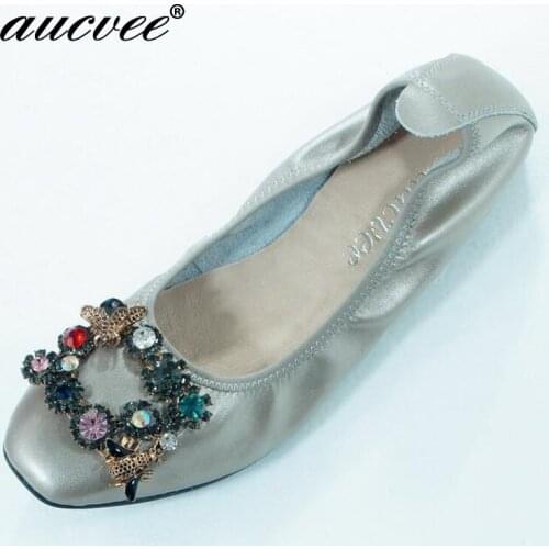 Plus size 42 43 Genuine Leather Women Ballet Bling Crystal Square Toe Flats Elegant Lady Wedding Shoes