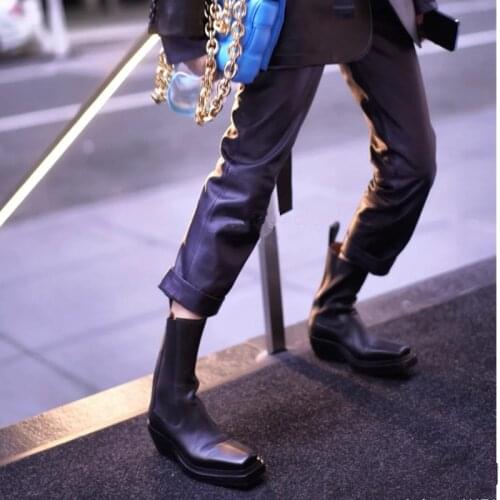 Women Square Toe Chunky Heel Chelsea Boots Real Leather Med Heel Ankle Boots Slip On Elasticity Mujer Brand Shoes Retro British