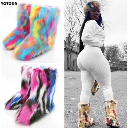Women Snow Boots Winter Furry Fur Boots Shoes Furry Ankle Boots Fluffy Plush Boots Ladies High Boots Fur Shoes Warm Flat Shoes