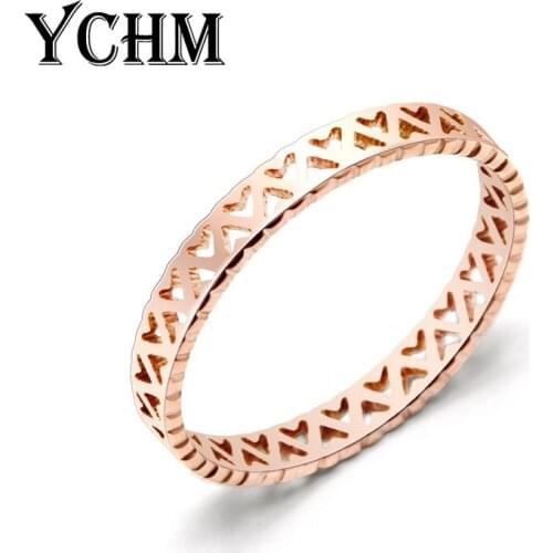 YCHM Hollow Heart Womens Ring 3mm Wide Korean Stainless Steel Rose Gold Plated Lovers Gift 2021 New Jewelry FR001-FR005