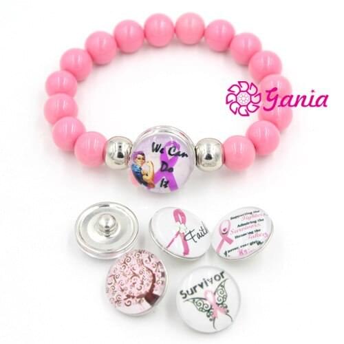 1PC Bracelet 6PCS of DIY Buttons Breast Cancer Awareness Pink Ribbon Jewelry DIY Button Breast Cancer Bracelet for snap jewelry