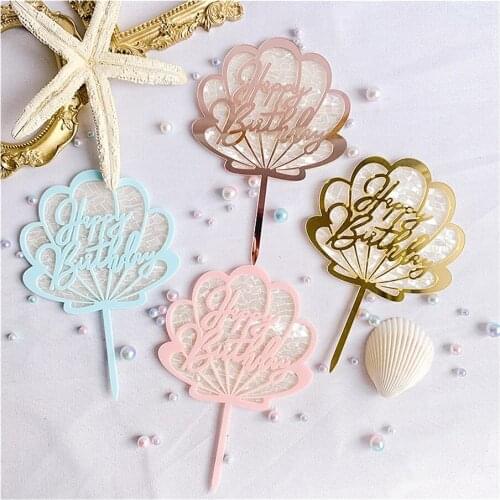 1 Pcs New Acrylic Happy Birthday Cake Topper Gold Shell Cake Topper for Girls Birthday Ocean Party Cake Decorations Baby Shower