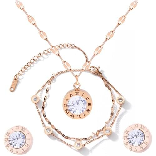 316L Stainless Steel Double Layered Rose Gold Titanium Steel Bracelet Stud Necklace Set No Fade