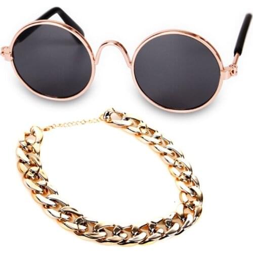 4 Pcs Cool Pet Dog Cat Costume Fashion Sunglasses Chain Collar Straw Hat Tie Set