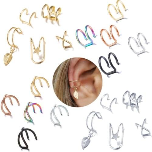5Pcs/Set Stainless Steel Gold Leaf Ear Clip C Shape Cross Clip Ear Cuffs Earrings For Women No Piercing Fake Cartilage Earring