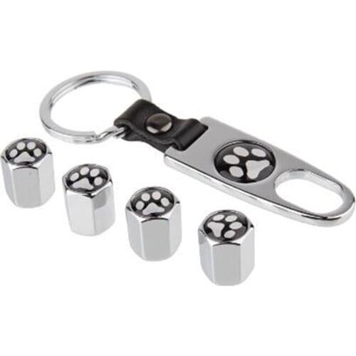 Sliver Car styling Bear Dog Cat Paw Print Logo Tire Tyre Valve Cap With Key Ring Wrench Emblem For Cars 8pcs = 2 set