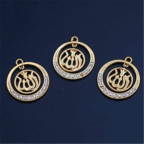 WKOUD 8pcs Antique gold Islam Allah Charm Earrings Necklace DIY Handmade Rhinestones Double Rings Hang Alloy Pendants A270