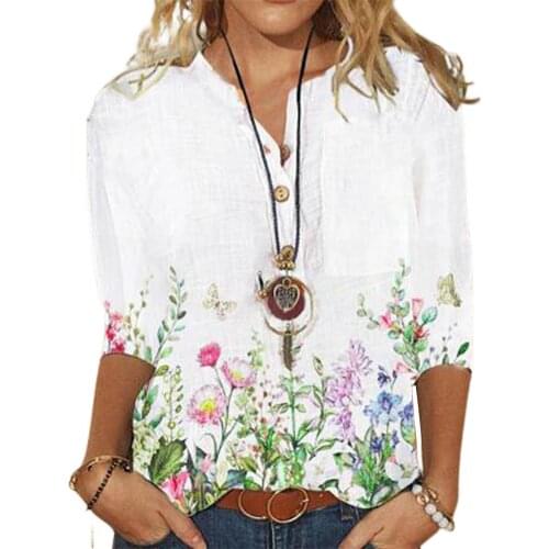 Loose Blouse Women Casual Stand Collar Buttons Female Shirts Blusas Vintage Plant Printed Half Sleeve Office Ladies Blouses Top