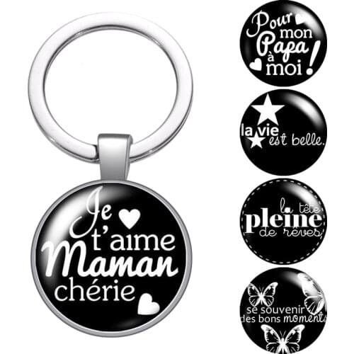 French Je t'aime mama papa cherie glass cabochon keychain Bag Car key Rings Holder silver plated key chains Men Women Gifts