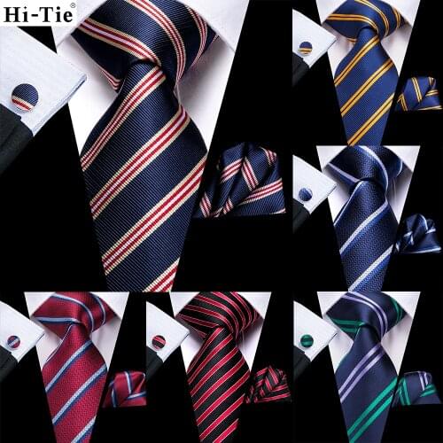 Hi-Tie Navy Blue Striped Silk Wedding Tie For Men Hanky Cufflink Gift Men Nicktie Set Business Party Dropshipping Fashion Design