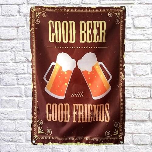 GOOD BEER GOOD FRIENDS Vintage Beer Day Poster Banner Wall Art Decorative Hanging Chart Retro Bar Signs Shabby Chic Flag Sticker