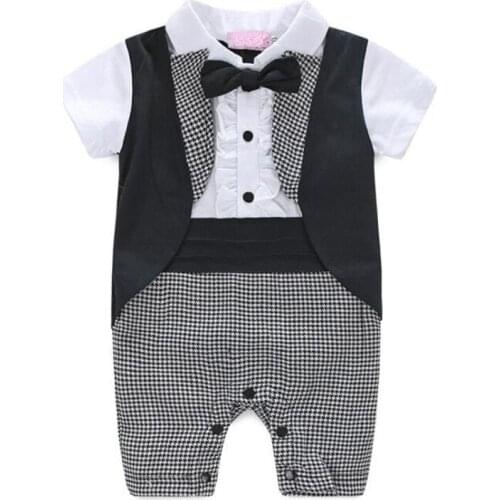 Baby Boy Romper Plaid Short Sleeve Spliced Gentleman Jumpsuits Infant Summer Clothing Formal Bow-tie Baby Costume for 0-2 Years