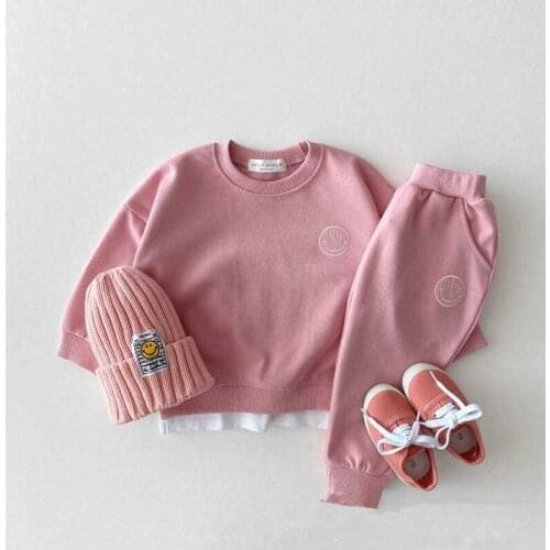 9072 Baby Clothing Set Simle Face Print Suit Autumn 2021 Baby Girl Two Piece Suit Sweatershirt+Pant Fashion Boys Suit Outfits