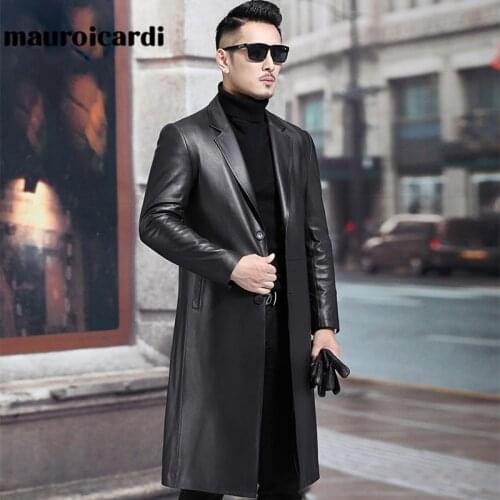 Mauroicardi Spring autumn long black mens leather blazer jacket long sleeve lapel Plus size faux leather jacket for men style