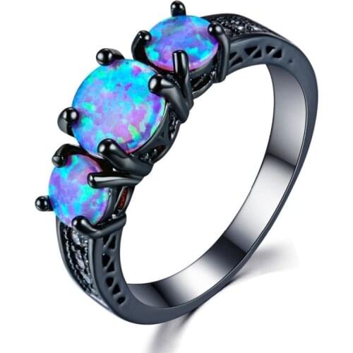 Fashion Female Round Blue Imitation Fire Opal Black Rings For Women Accessories High Quality Vintage Jewelry Gift
