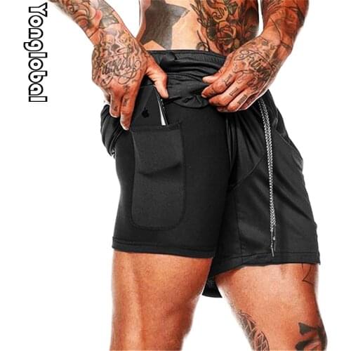 Male Compression Running Shorts Mens 2 in 1 Fitness Double-deck Quick Dry Jogging Pants Sports Training Shorts with Pockets Men