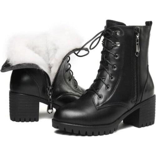 2021 New Cross Strap Side Zipper Winter Martin Boots Women Snow Boots High-heels Full Cowhide Wool Boots Snow Shoes Large Size