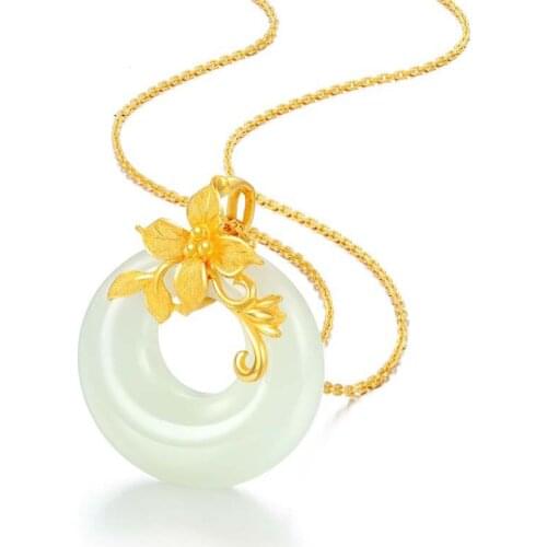 Trendy Silver Plated Choker Necklaces Female Anniversary Gift High Grade Gold Flower Jade Pendant Necklace For Women Jewelry