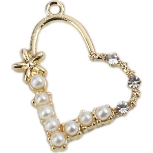 Zinc Based Alloy Charms Heart Pendants Gold Color White Imitation Pearl 23*19mm For DIY Necklace Jewelry Handmade Making,10 PCs