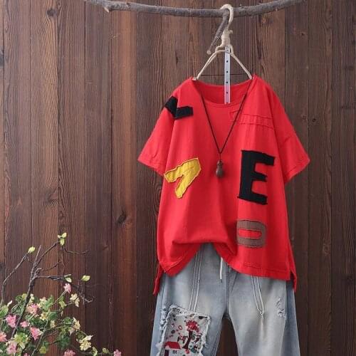 Casual Tshirt Cotton Tops Plus Size Summer New Arts Style Women Short Sleeve Loose T-Shirt Appliques Letter O-Neck