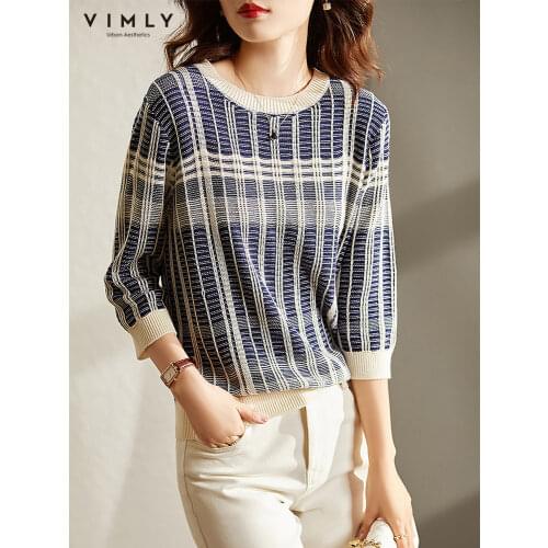 VIMLY Sweater For Women 2021 autumn new knitted Tops Striped Half sleeve Elegant Sweaters Casual Female Clothing F9235