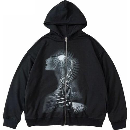 Gothic Women Zip-up hoodie Hip hop streetwear Dark grunge graphic staircase print sweatshirt Y2k Harajuku Punk E-girl outerwear