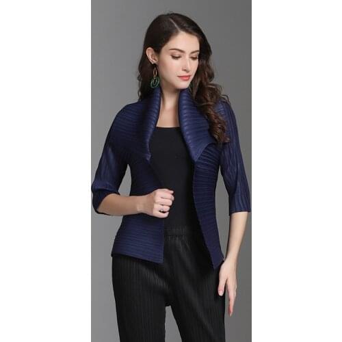 Miyake pleated cropped jacket women fall clothing 2020 lapel short top oversize jacket winter luxury clothes women jackets