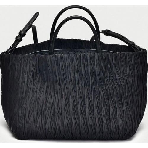 Large Capacity Dumpling Handbag Folding Fallen Design Genuine Leather Women Bag Nylon Cloth Shoulder Bag