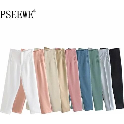 PSEEWE Womens Pants Za White High Waist Trousers For Female Fashion 2021 Black Elegant Office Trousers Suits Beige Loose Pants