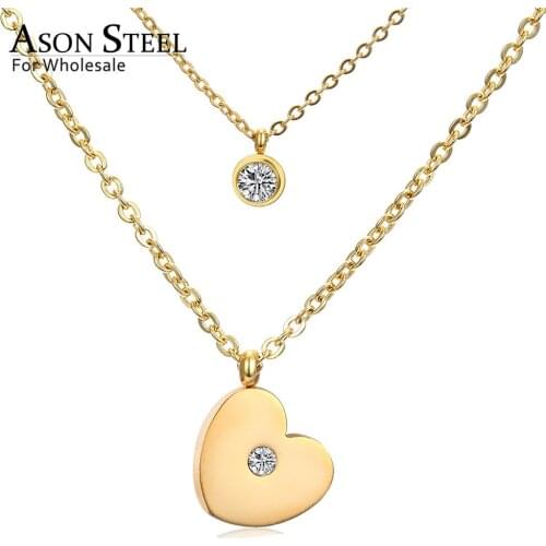 ASONSTEEL Ladies Necklaces Gold/Silver Color Heart Pendant Stainless Steel Round Cubic Zirconia Double Chain Necklaces Party