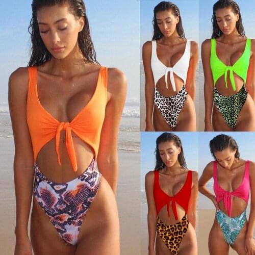 High Waist Swimsuits For Women High Cut Bandage Leopard Bikinis Padded Bathing Suit One Piece Halter Swimwear Snake Bodysuits