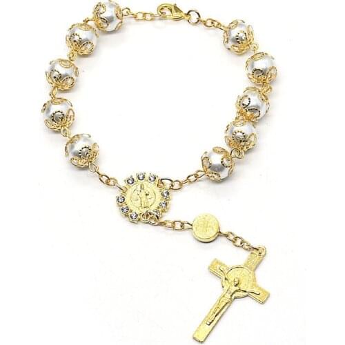 Catholic Gold Color Simulated Pearl Beaded Crucifix Saint Benedict Jesus Cross Rosaries Bracelet for Women Religious Jewelry