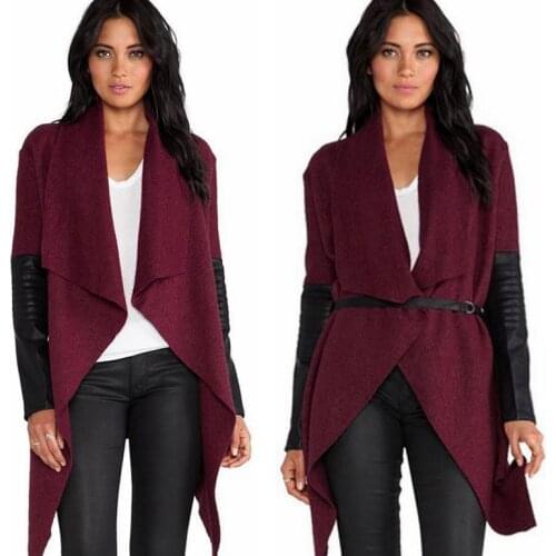 New Spring Autumn Women PU Leather Sleeve wool Cardigan Long Sleeve Poncho Outwear Jacket Coat
