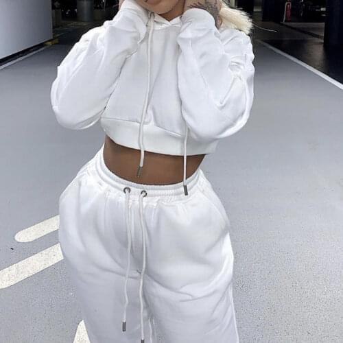 2021 Fashion Soft Cotton Womens Sports Sets New Hoodies Tie Up Female Crop Tops Autumn High Waist Sweatpants Two Pieces Suits