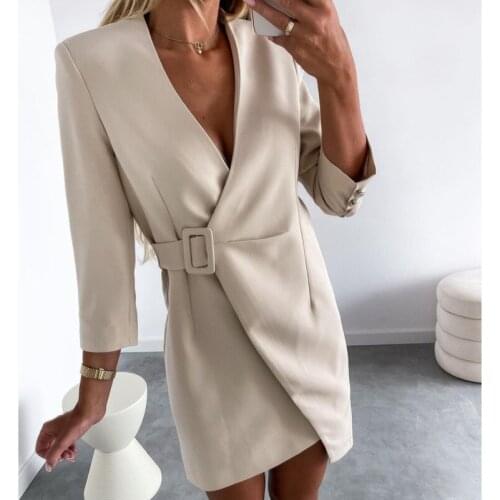 Office lady wrap blazer dress Women v neck autumn winter short elegant dresses Female long sleeve slim belt sexy vestidos 2021