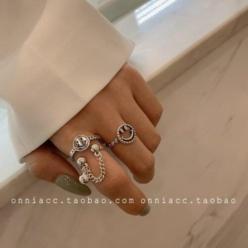 New Arrival 100% 925 Sterling Silver Retro Fashion Hollow Out Smiling Face Round Ball Double Layer Ring For Women Jewelry Gift