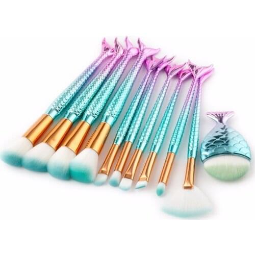 11 Pcs Professional Fish Tail Eyes Mermaid Makeup Brushes Set Mermaid Eyeliner Blush Lip Blending Cosmetics Make Up Brush Tool