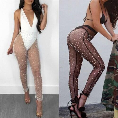 2019 Women Sexy Pearl Mesh Sheer Pants Transparent Long Trousers Swimwear Bikini Cover Ups High Waist Bathing Beach Swimsuit