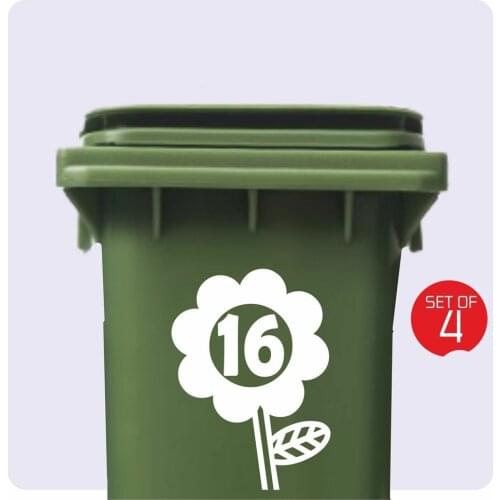 4 x WHEELIE BIN STICKER HOUSE NUMBER - FLOWER - ANY COLOUR