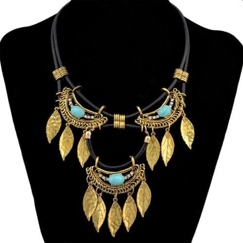 Boho Vintage Gold color Multilayer Choker Necklace Blue Stone Rhinestone Leaf Tassels Leather Statement Necklace Women Jewelry