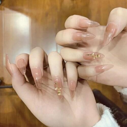24pcs/Set Long Stiletto False Nails Gold Rose Decals Nude Pink Fake Nails with Glue Beauty Wedding Bride Nail Tip Manicure Tools