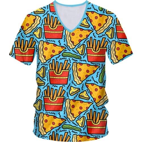 IFPD Mens T Shirt 3D French Fries Pizza Printed Summer Food Graffiti Short Sleeve Harajuku V-neck T-shirt Hip Hop Streetwear