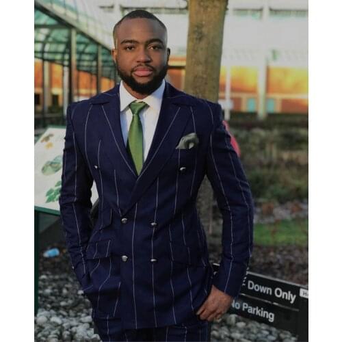 Tailored Wide vertical stripe Navy blue double breasted suits for men groom wedding slim formal Blazer pointed lapel jacket pant