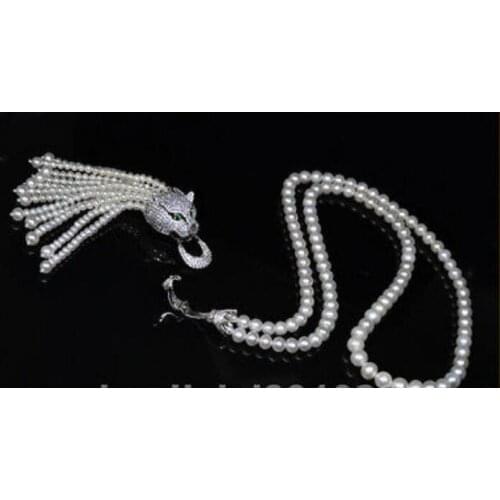 Beautiful NEW 7-8mm natural south seas white pearl necklace 20inch leopard tassel